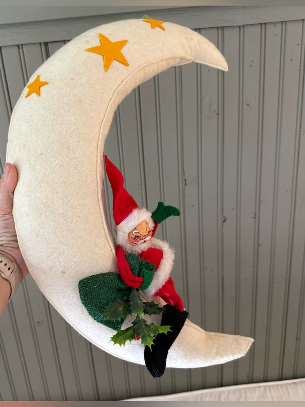 VTG Annalee 1967 Santa on Crescent Moon Figurine 20 in Fabric Hand Painted RARE